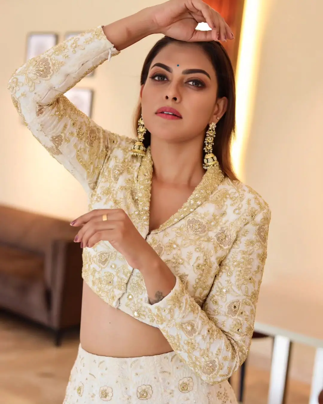 Anusree Nair Wearing Beautiful Earrings Jewellery White Lehenga Choli